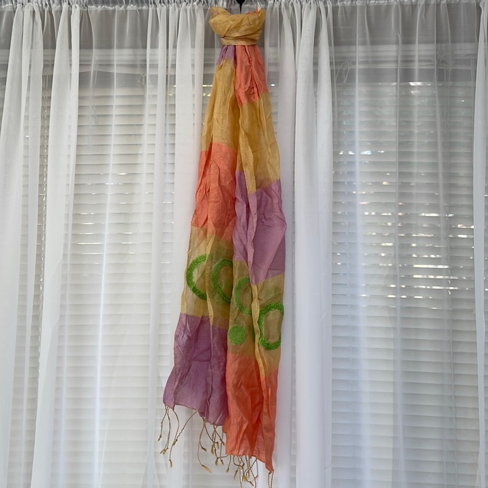 Anthropologie Rising Tide Silk Scarf Embroidered Fringe